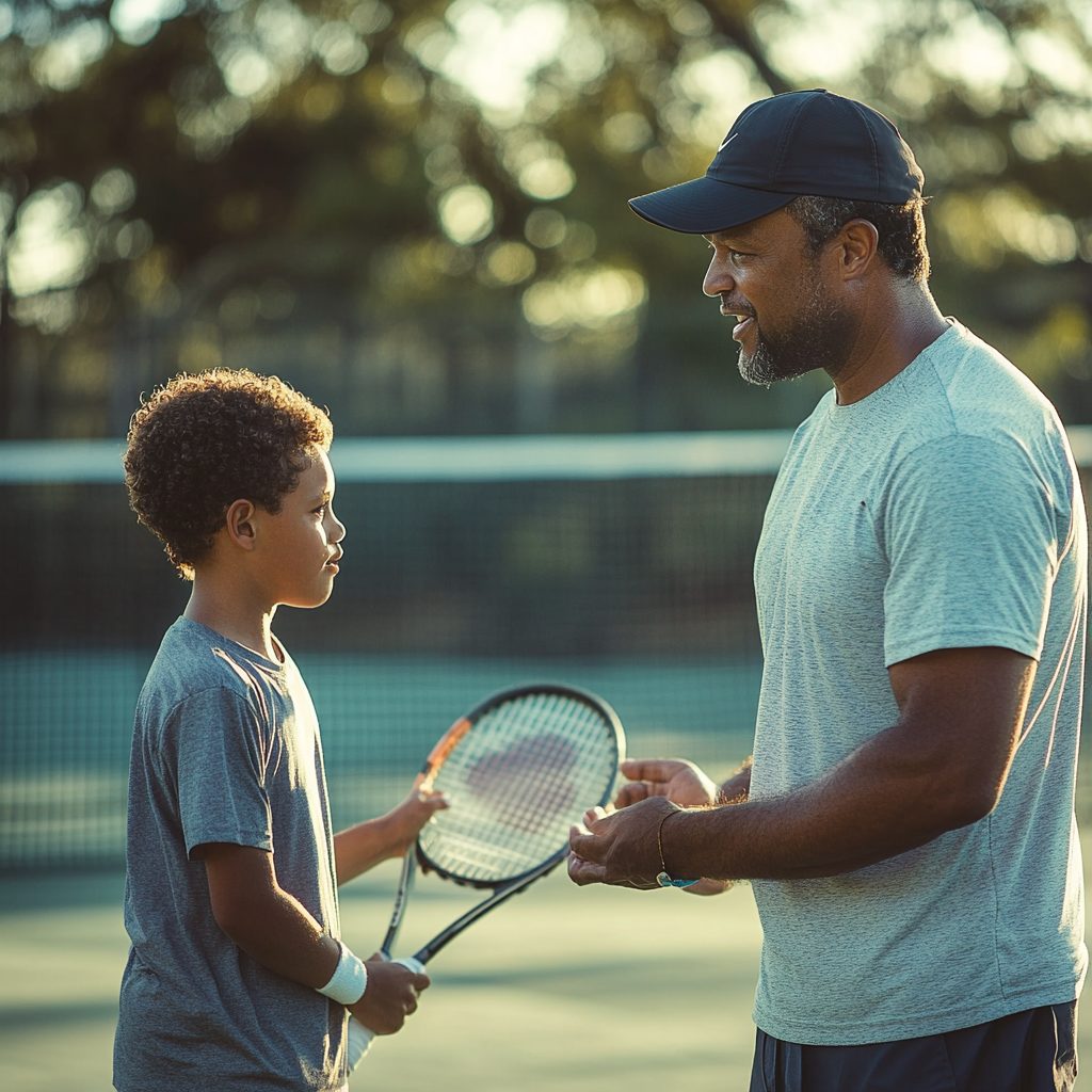 a tennis coach actively instructing a player on the court